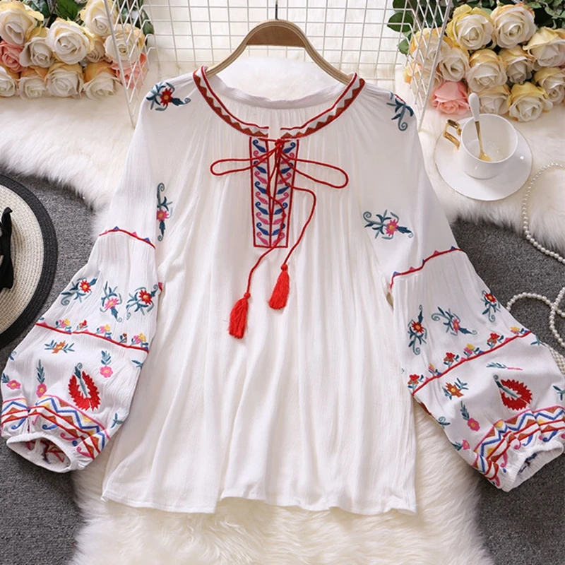 Spring Women Blouse Indie Folk Embroidery Lace-Up Tassel O-Neck Lantern Sleeve Tops Loose Cotton Female Blusa Casual Shirts