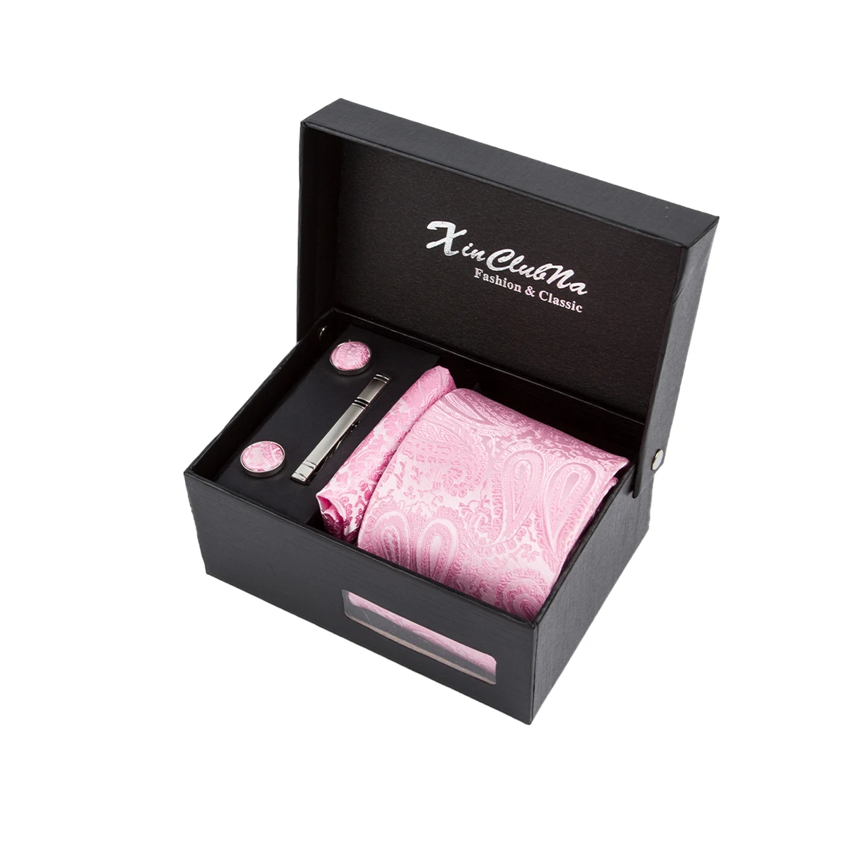 

Pink Paisley Tie Set Jacquard Woven Floral Gravata Tie Hankerchief Cufflinks Gift Box St. Valentine's Day Workplace Wedding