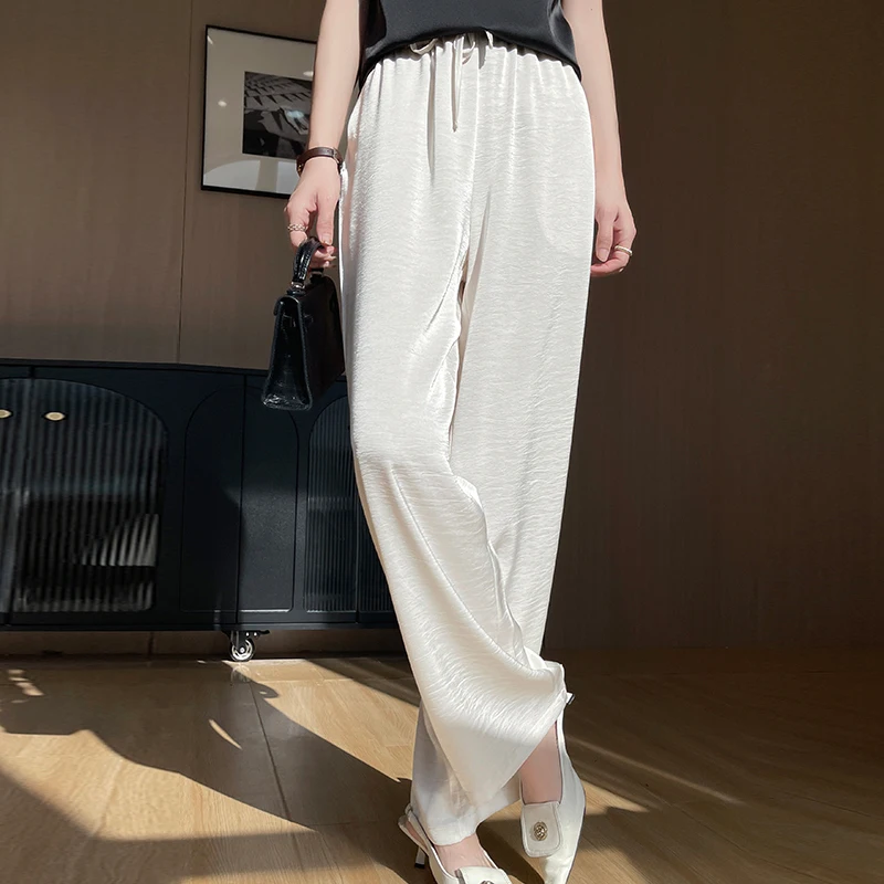 

High end solid color satin wide leg pants for women, summer loose straight leg pants, high waisted fashionable women's pants