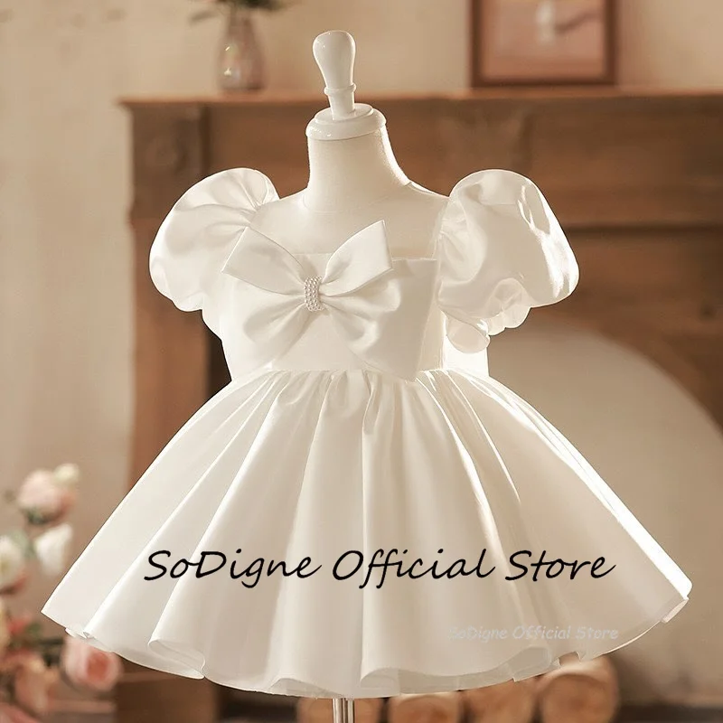 SoDigne-Robe trapèze en satin à fleurs pour filles, col rond, manches courtes, jupe, robes de soirée pour filles, robe simple pour enfant avec nœud personnalisé