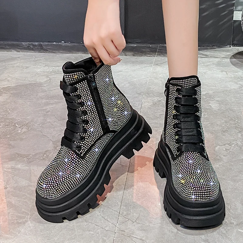 Crystal Flats Platform Ankle Boots Women Shoes Dress Fashion New 2024 Winter Casual Women Shoes Comort Warm Chaussures Femme