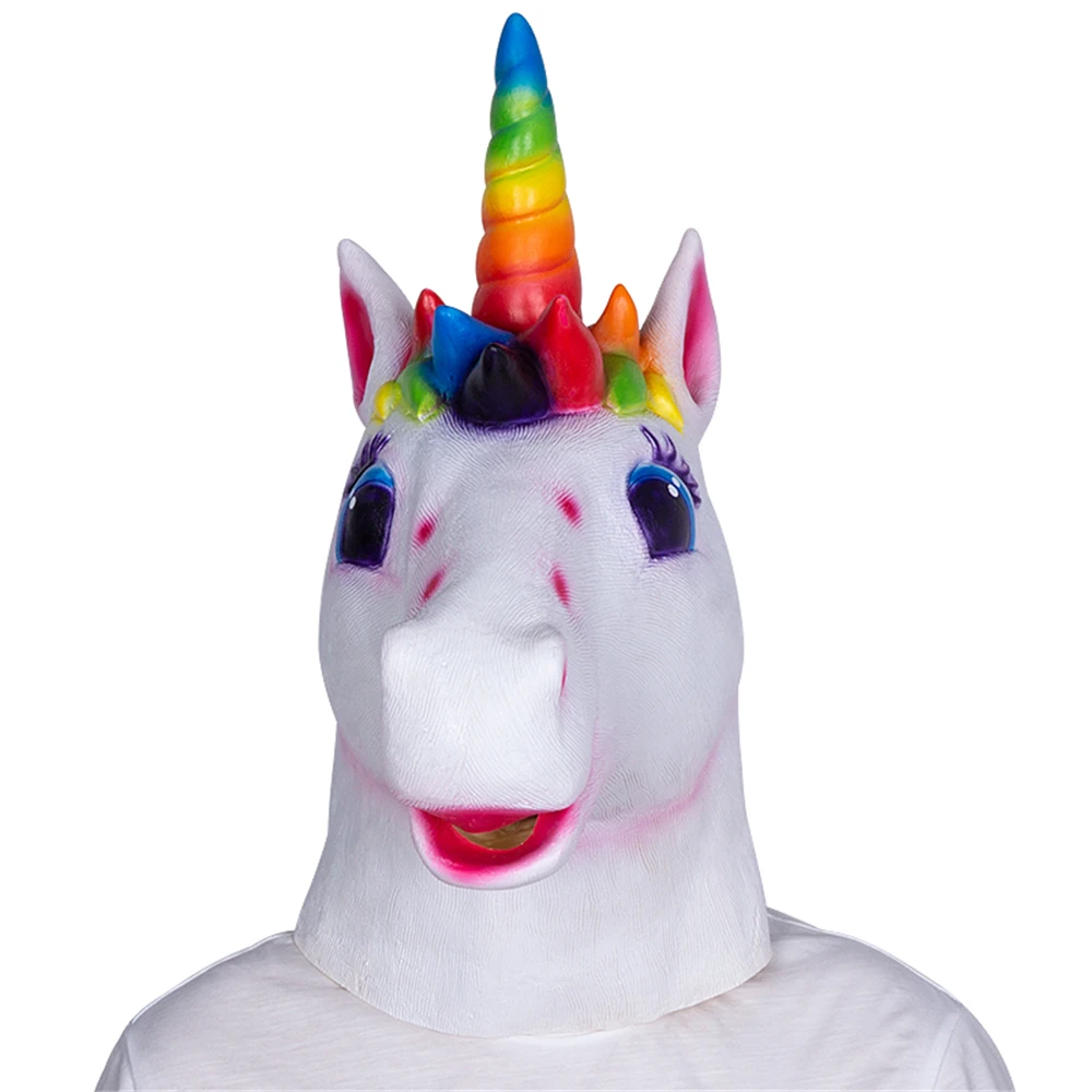 Halloween Masks Latex Horse Head zebra Cosplay Animal Costume Theater Prank Crazy Party Props  White Unicorn Full Face Mask