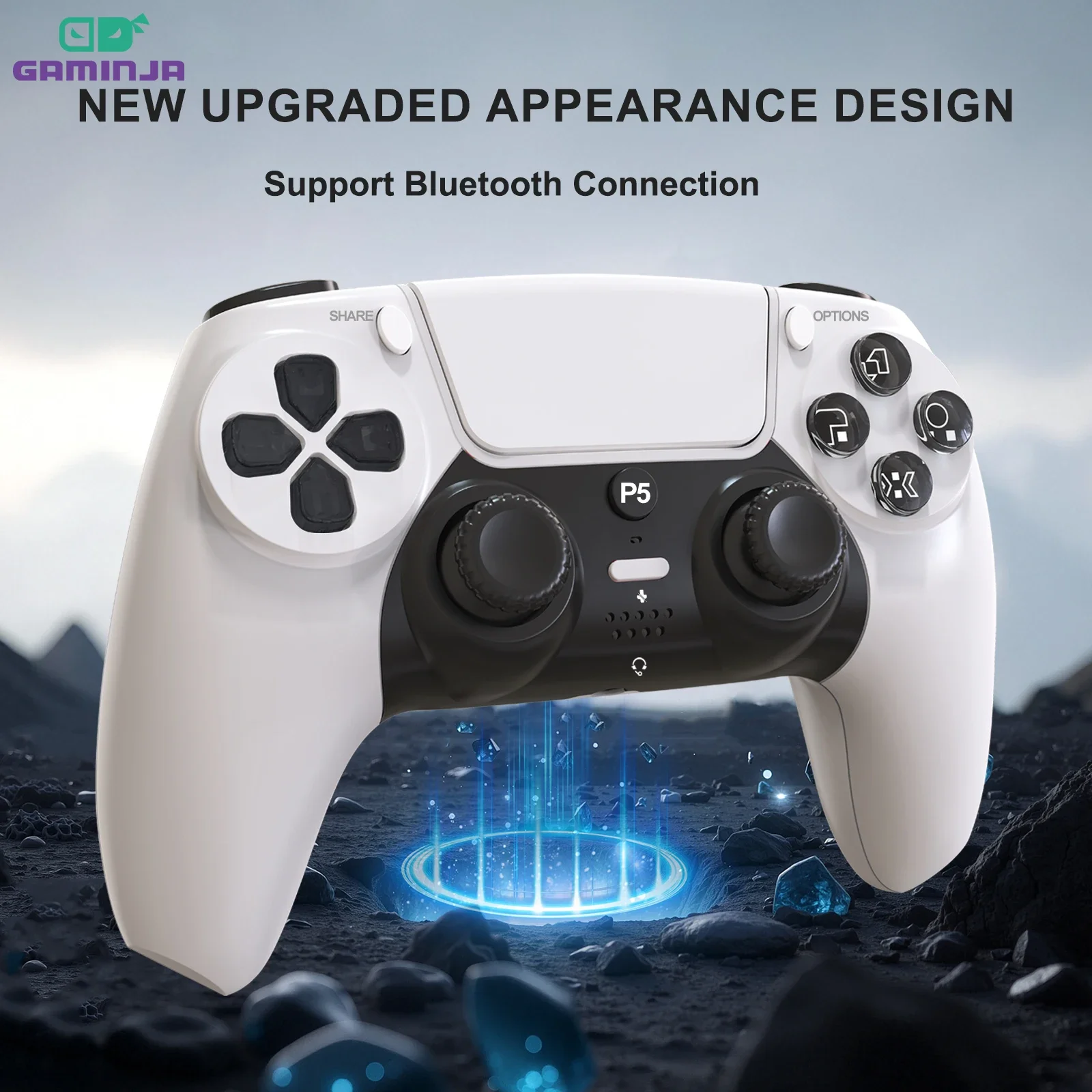 GAMINJA BT Gamepad Transparent Crystal Buttons Six-Axis Gyroscope Ergonomic Design Compatible For PS5 Wireless Controller