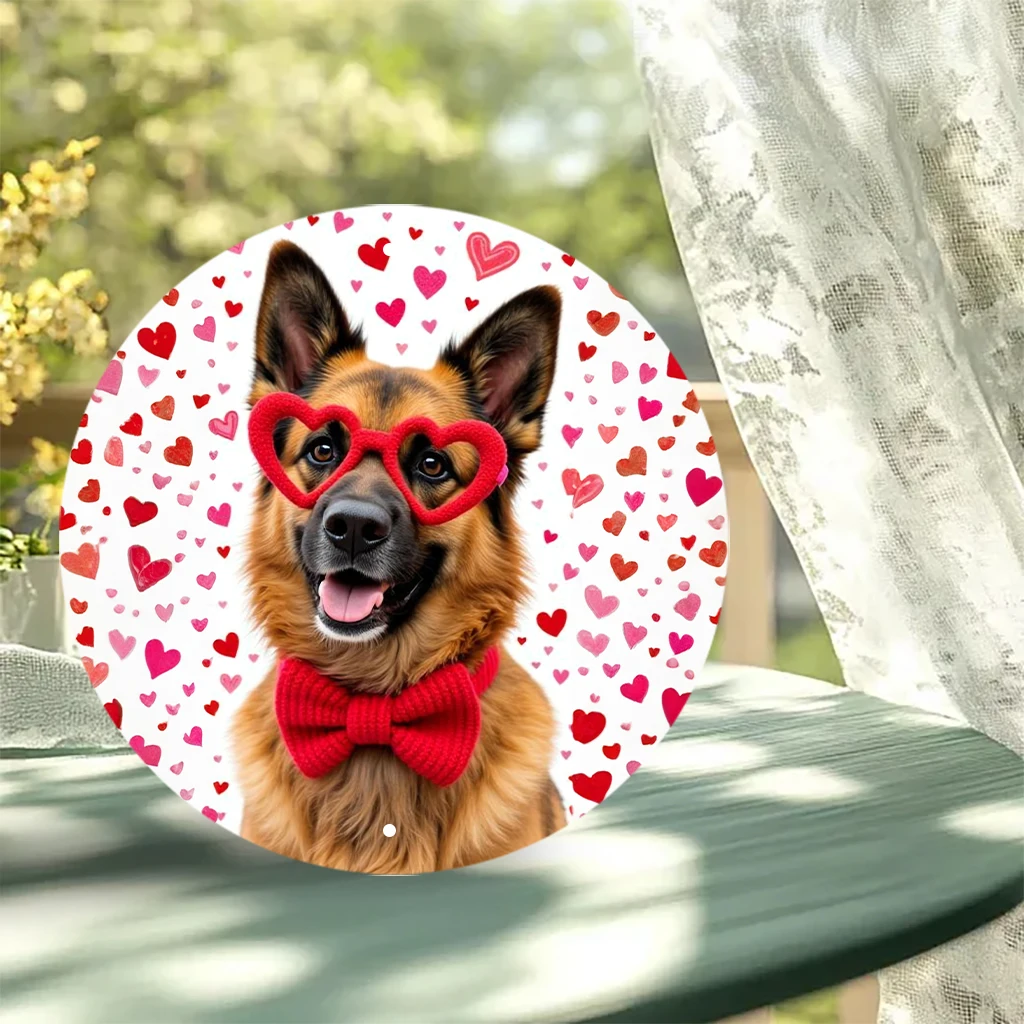 JIT 1-pc White heart confetti german shepherd with red bow tie cartoon print round metal tin sign wall decor, smooth lightweight panel, this unique metal tin sign suits entryway and lounge for long-term wall ornament, ideal decorative home lovers view 7