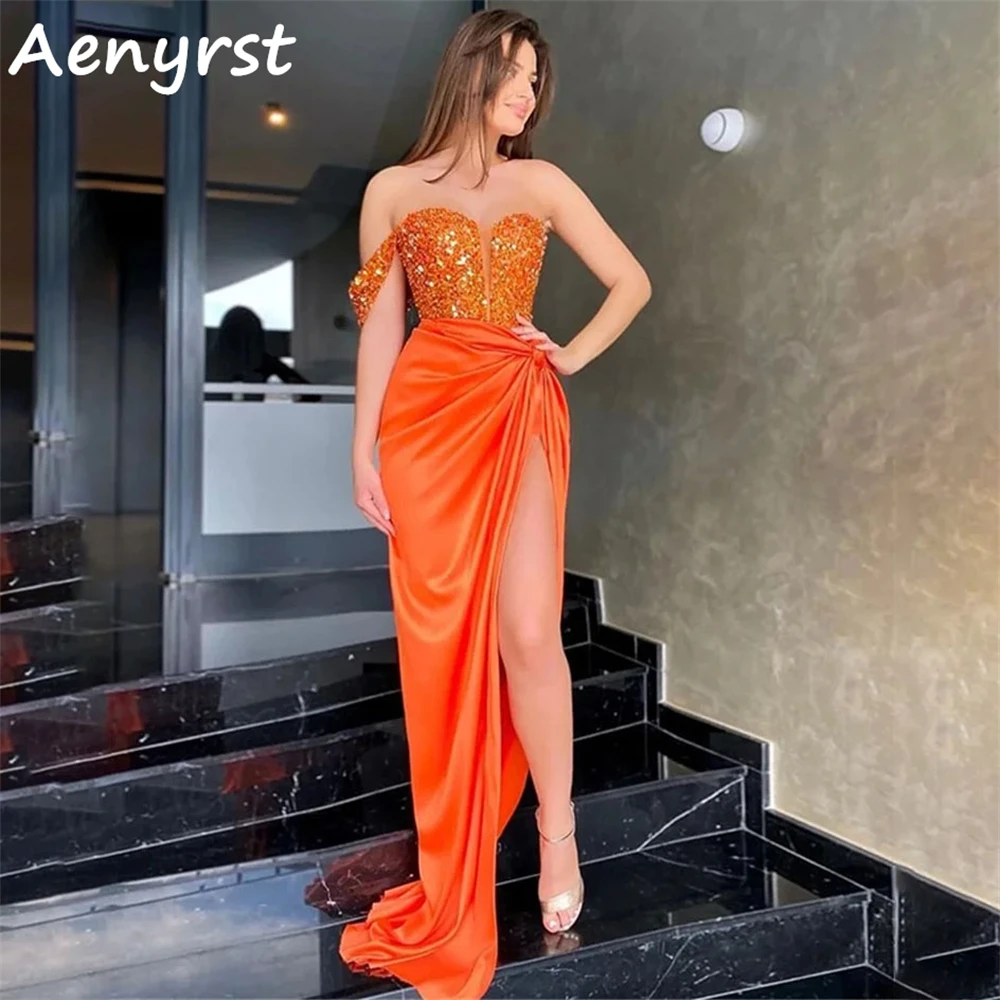 

Aenyrst Orange Sweetheart One Shoulder Prom Dresses Sequined Side High Split Evening Gowns Floor Length Dinner Party Dress 2024