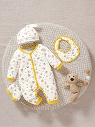 Infant's Cute Print Bodysuit & Bib & Mittens & Hat, Comfy Cotton Long Sleeve Onesie, Baby Boy's Clothing