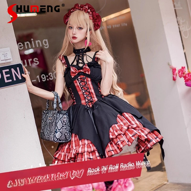

Original Gothic Lolita Dress JSK Subculture Girls Sweet Cool Plaid Patchwork Halter Neck Short Dress Woman's Y2k Singing Dress