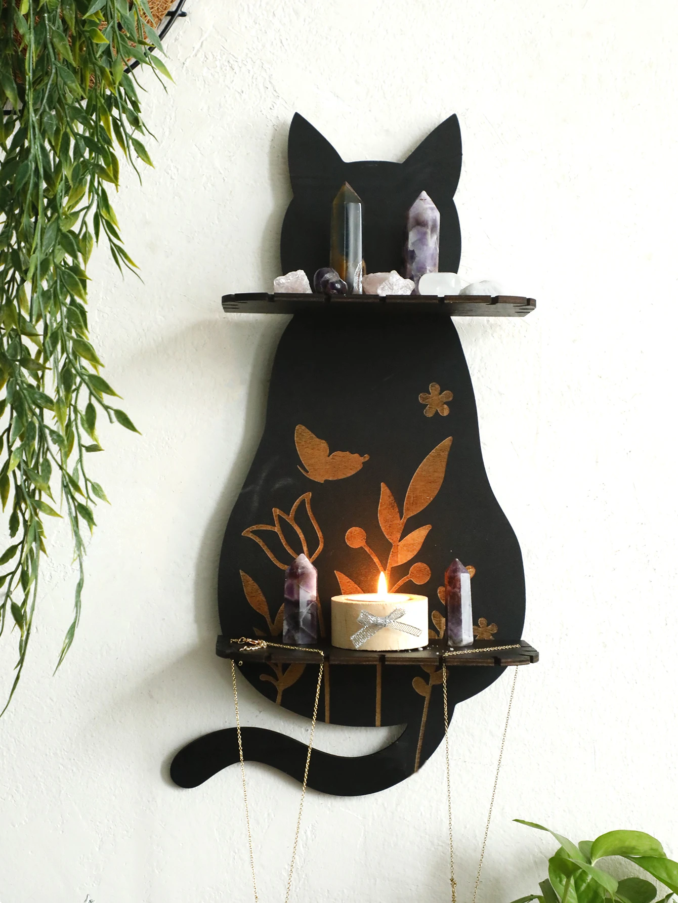 2-stufige schwarze Katzen-Wandregale mit Blumenmuster, schwebendes Wandregal, zum Platzieren von Kristallen, ätherischen Ölen, Aromatherapesteinen