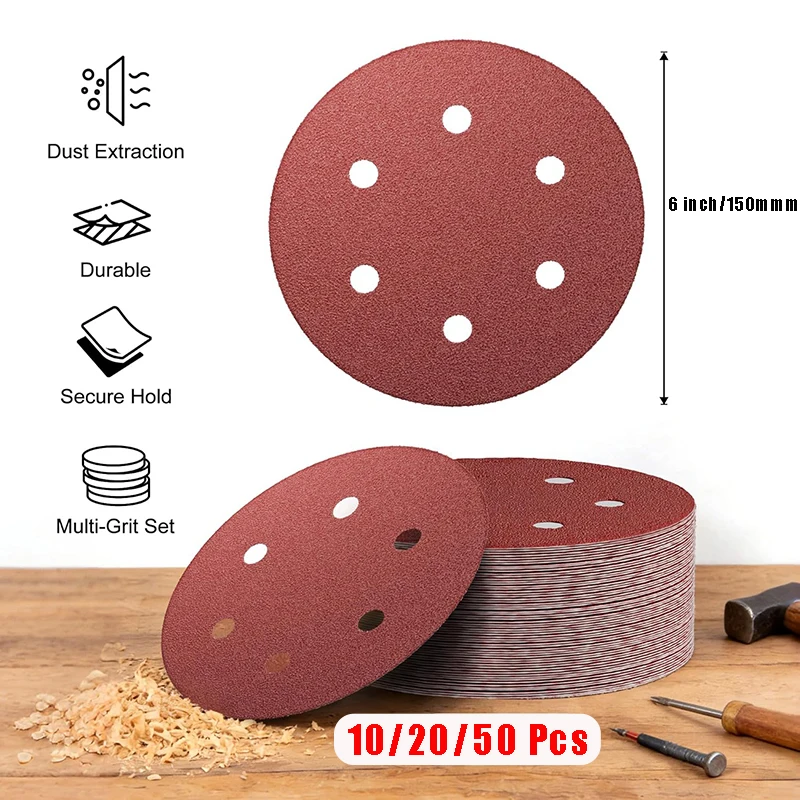 

6 Inch 6 Hole 150mm Sandpaper Woodworking Metal Grinding Disc Abrasive Polishing Tool 40/1000/2000 Grit Sanding Discs