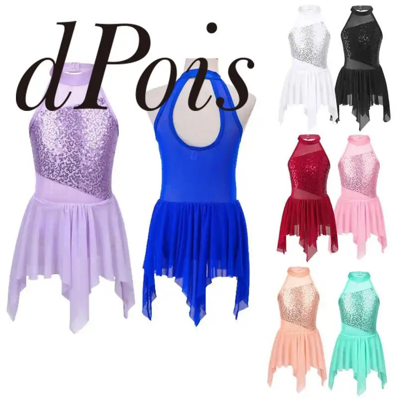 

Figure Skating Dress For Girls Kids Sequins Ballet Dress Modern Contemporary Irregular Chiffon Children Lyrical Solo Dance Wear