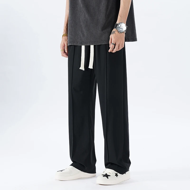 Draping straight leg pants for men's ice silk spring/summer casual sports pants, wide leg high-end small suit pants