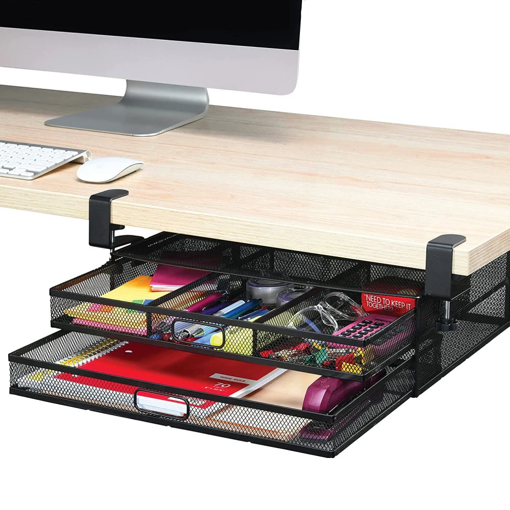 

Under Desk Mental Drawer Organizer, No Drilling Clamp-on Under Desk Storage Drawer Organizer, 2 Out Drawer