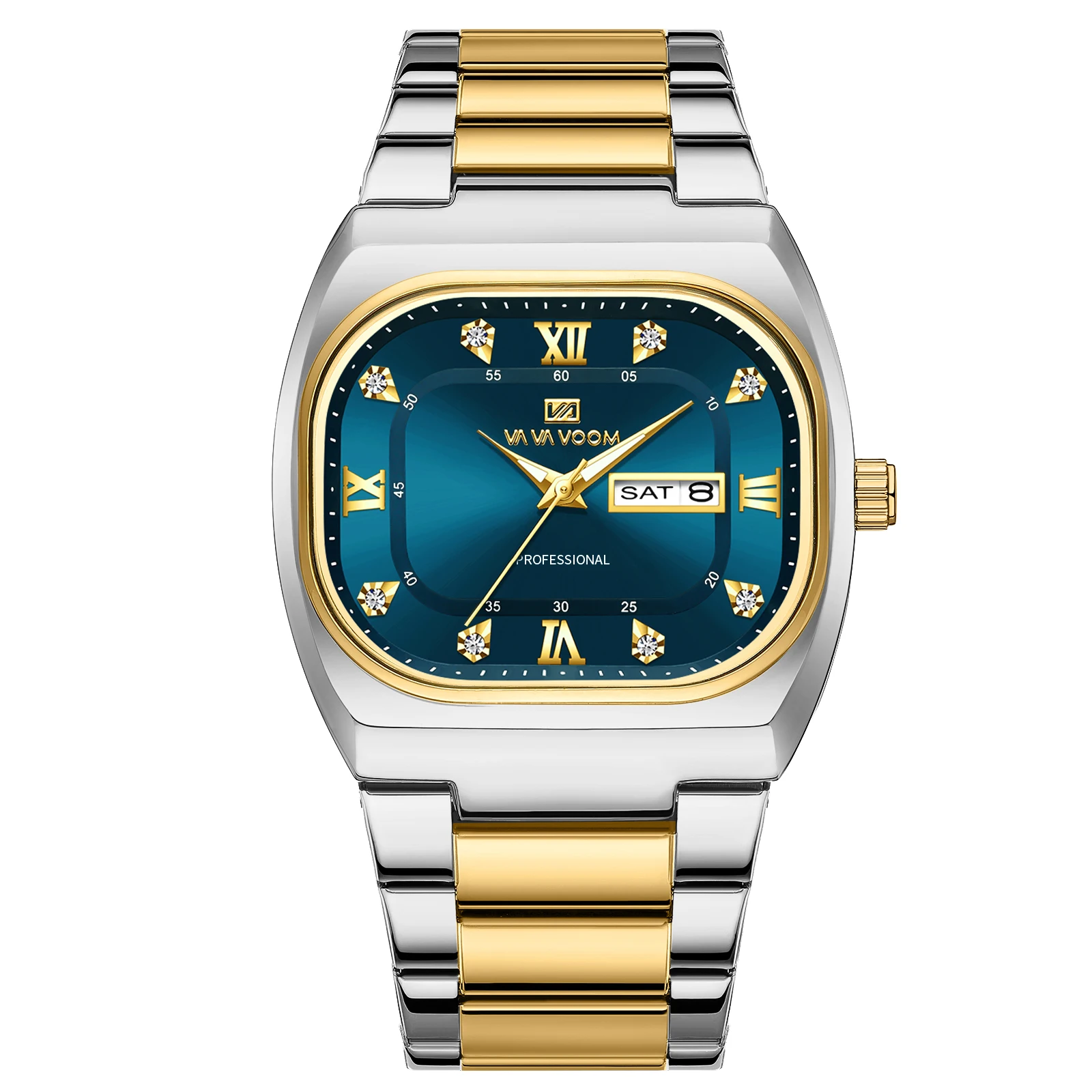 Men Watch Luxury Rhinestone Dial Square Case Blue Gold Stainless Steel Strap Calendar Quartz Movement 3Bar Waterproof Man Watch