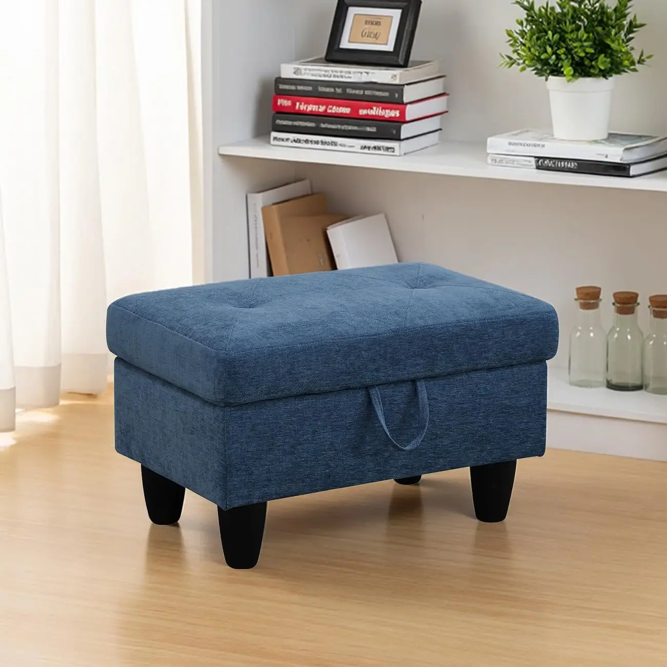 28.5 Inch Large Square Storage Ottoman Bench with Thick Cushion, Blue Linen Footstool and Coffee Table, Multi-Purpose Foot Rest for Living Room, Bedroom, Entryway, Home Decor, RV, Car, Loft