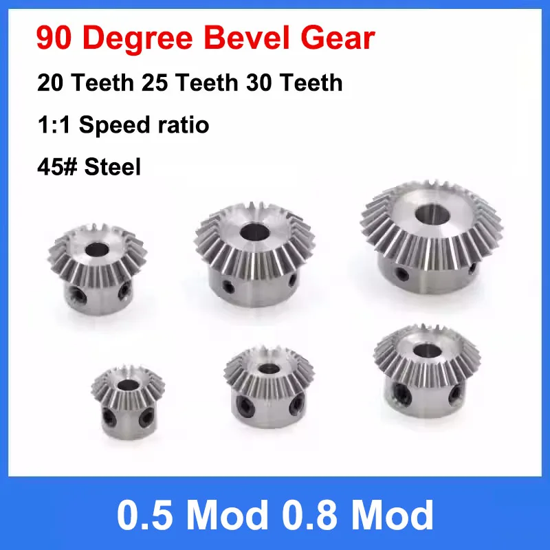 

1pc 1:1 Bevel Gear 0.5 Mod 0.8 Mod 20/25/30 Teeth Bore 3/4/5/6/8/10mm Gear 90 Degrees Meshing Angle Steel Gears 45# Steel