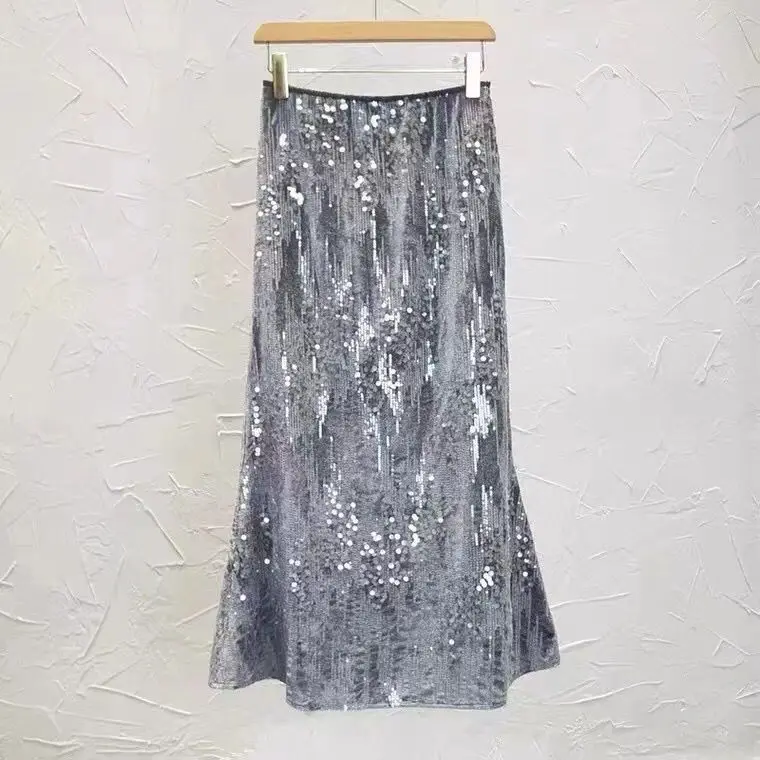 

Velvet Fishtail Skirt Heavy Industry Sequined Bead Embroidered Skirt 2026 Autumn and Winter Elastic Waist High Waist Skirt