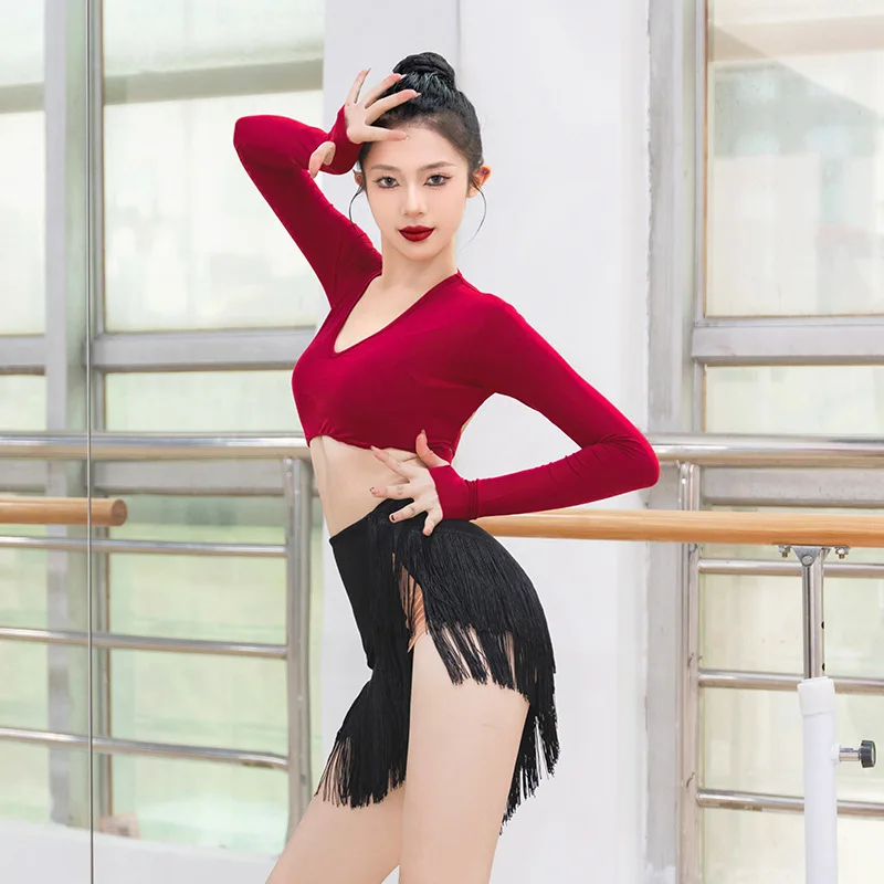 Wygodny, dopasowany top do tańca latynoamerykańskiego dla seniorów, z wycięciem na plecach, krzyżowany, do codziennego użytku, standardowy strój do ćwiczeń, damski, długi rękaw.
