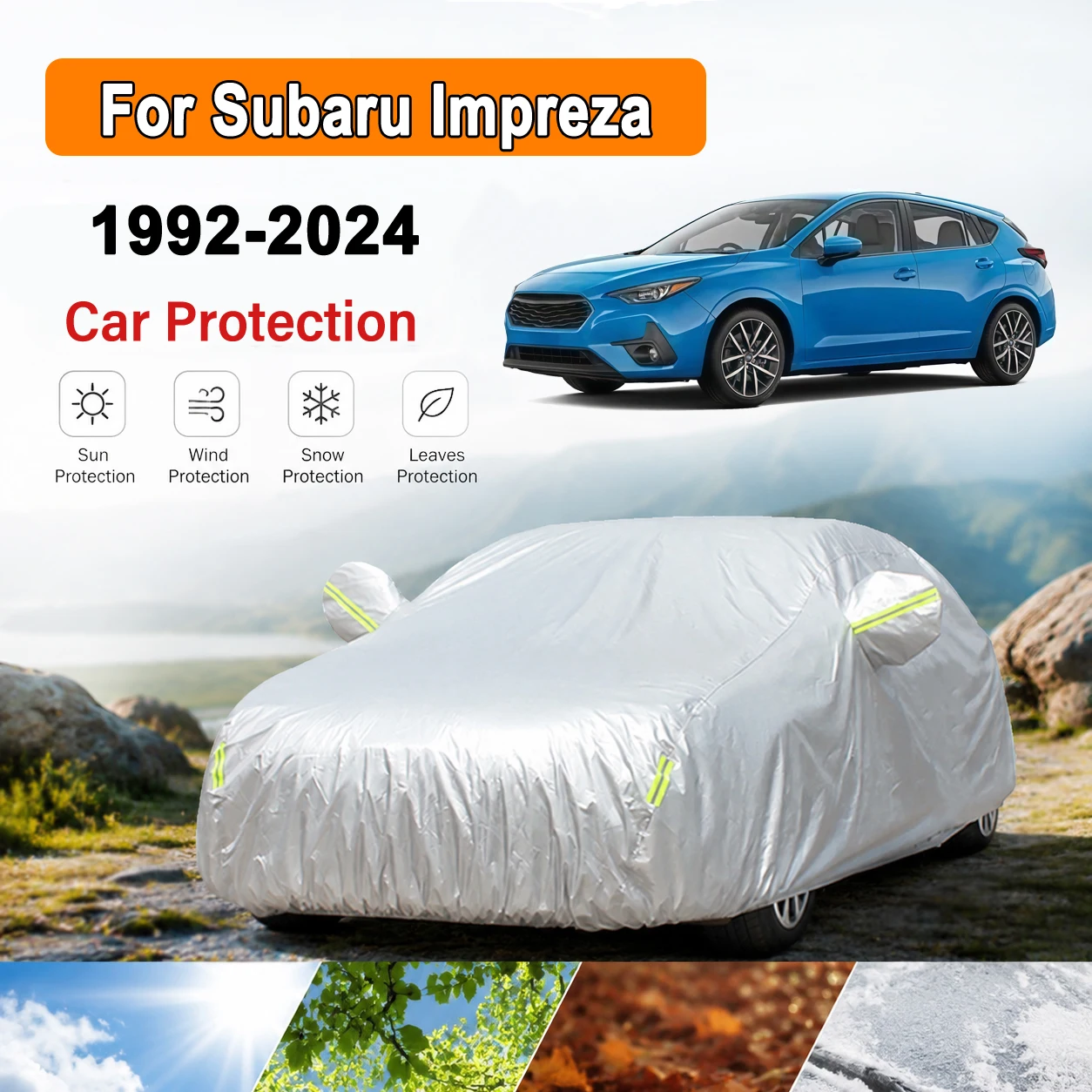 190tタフタシルバーコーティング屋外用フルカーカバー、スバルインプレッサ1992-2024年モデル用、車用日焼け・防塵プロテクター、自動車カバー