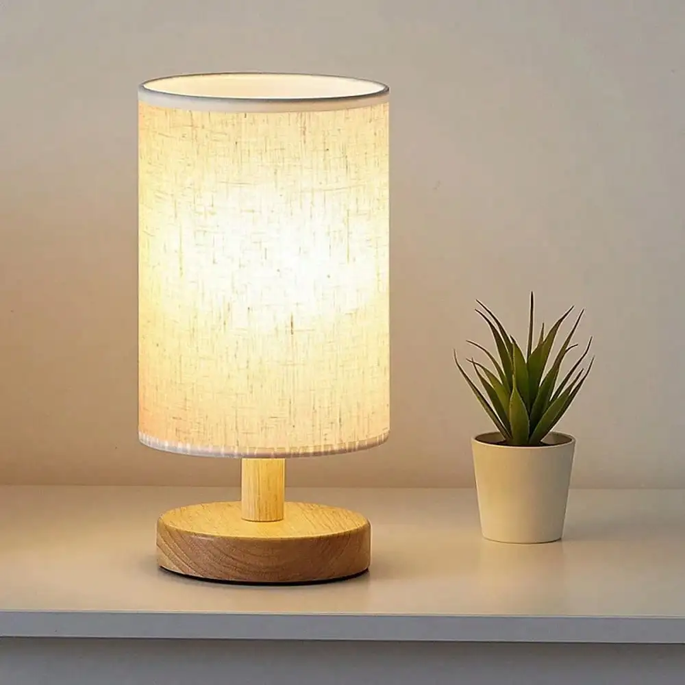 Usb-Powered Warm Night Light, A Compact Table Lamp With Inline Control, Perfect For Bedside Use. This Wooden Lamp Features A Linen Shade And Is Ideal For Bedrooms And Living Rooms. A Great White Elephant Gift Or Christmas Present For Adults And Teen