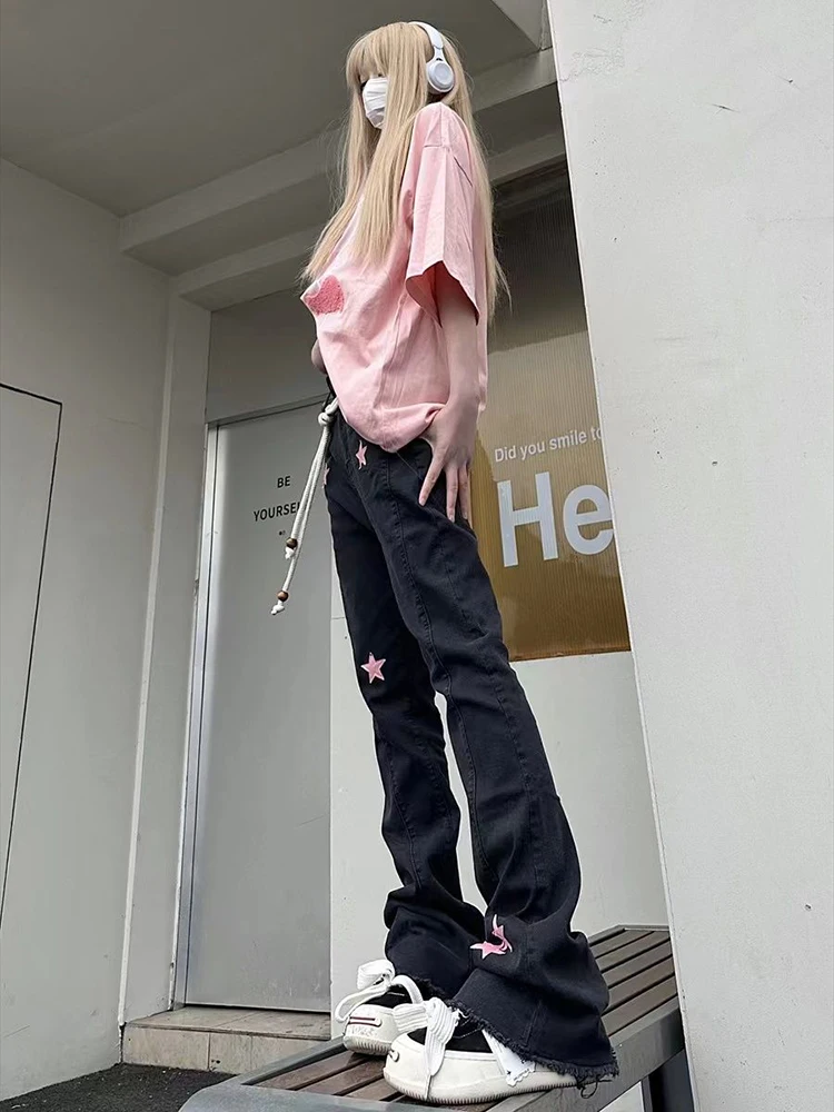 Estilo americano picante menina micro queimado jeans feminino outono 2025 nova casual estrela impressão moda perna reta calças versáteis