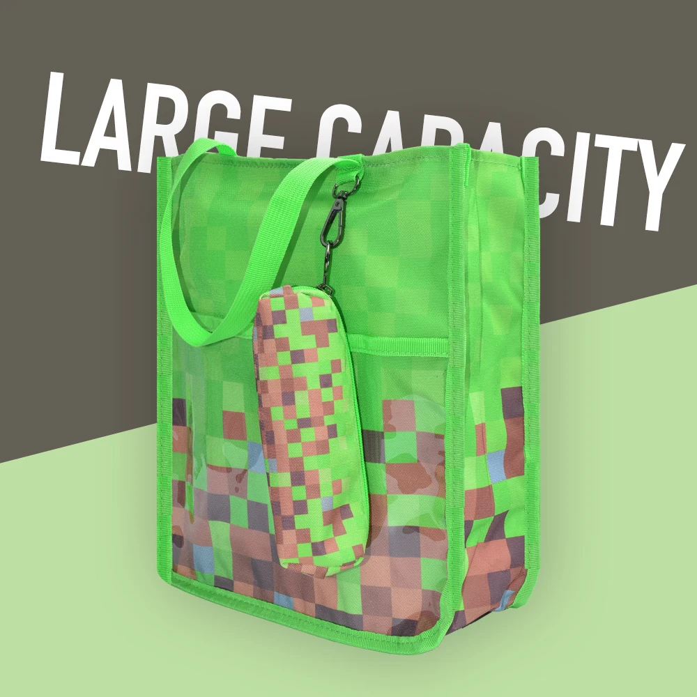 حقيبة تسوق من البوليستر مع جيب تخزين شفاف على الأمام، حقيبة تخزين ذات سعة كبيرة للنساء للخروج من التسوق