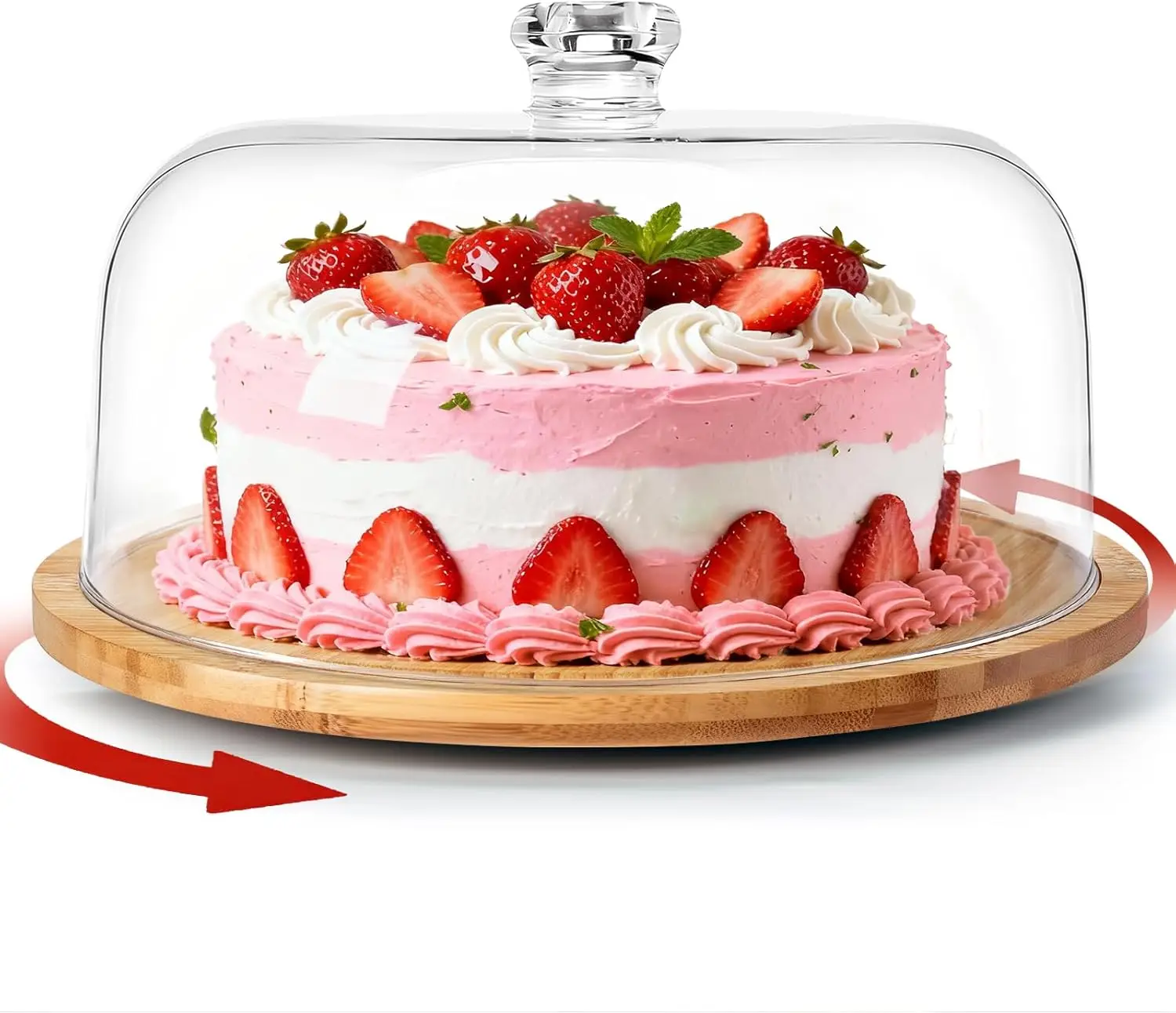 

Вращающаяся бамбуковая подставка для торта с прозрачной купольной крышкой, без BPA, для демонстрации десертов на вечеринках и фуршетах
