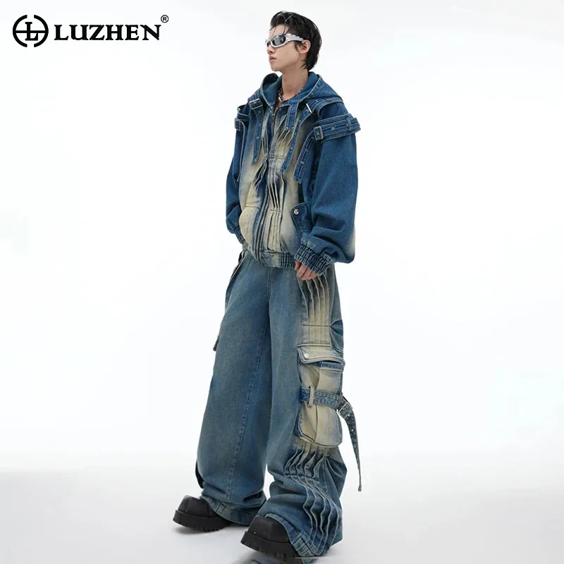 

LUZHEN Denim Jacket Hoodies Wornout Set Pleated Large Pocket Design Wide Leg Jeans High Street Stylish Two Piece Male New LZ5473