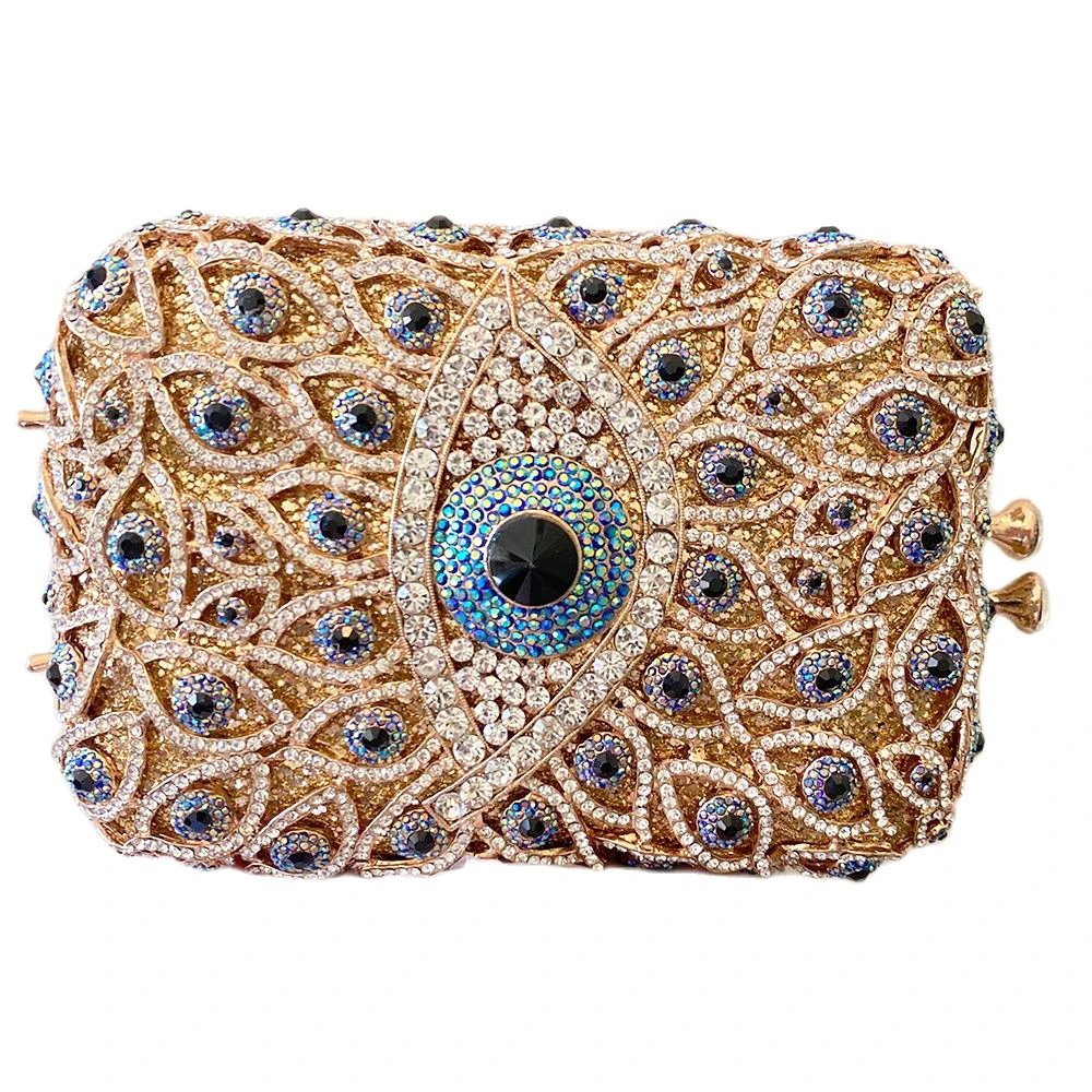 

Evil Eye Blue AB Crystal Evening Bag White//Silver Rhinestone Clutches Hollow Out Gold Metal Girls Party Wedding Purses Handbags