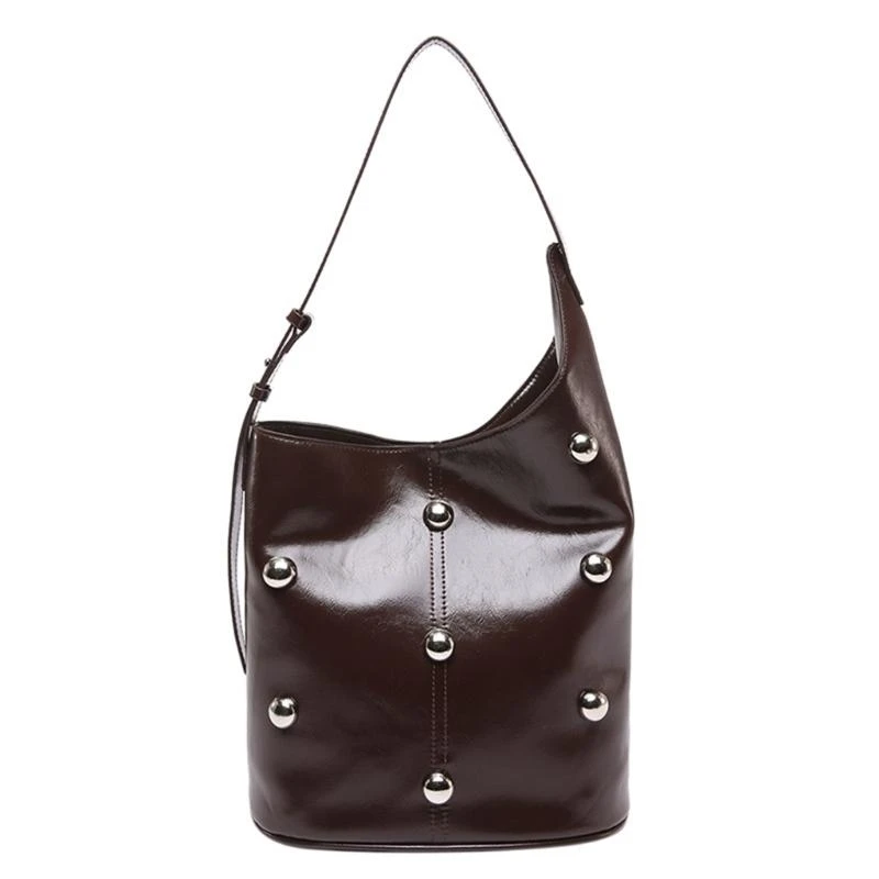

A3PE Stylish Solid Color PU Leather Shoulder Bag for Women Rivets Beads Embellishment Large Capacity Underarm Bucket Handbag