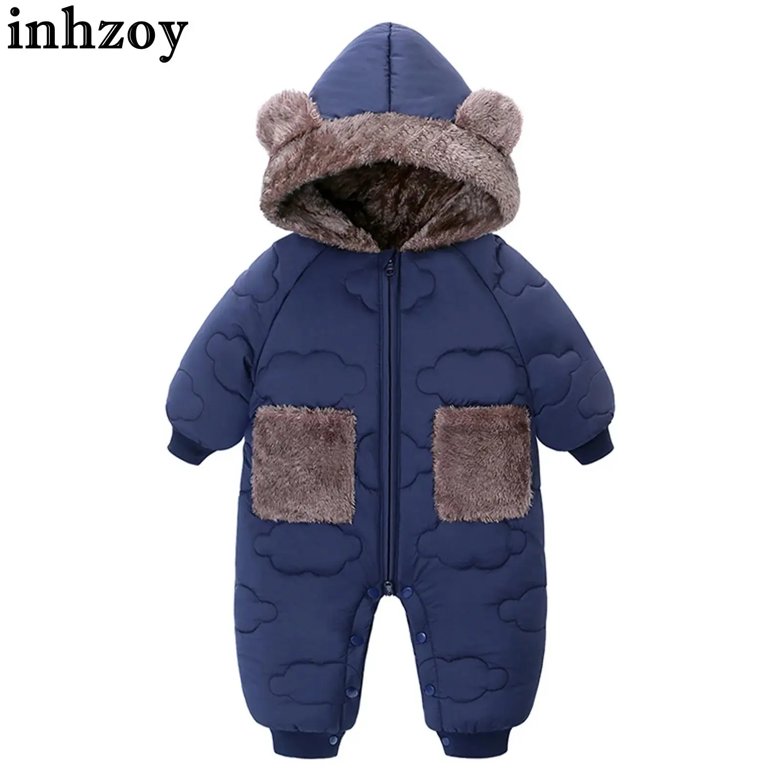 

Baby Fleece-Lined Hooded Rompers Snowsuit Winter Thicken Warm Windproof Jumpsuit Skiwear Long Sleeve Zipper Padded Jacket Coat