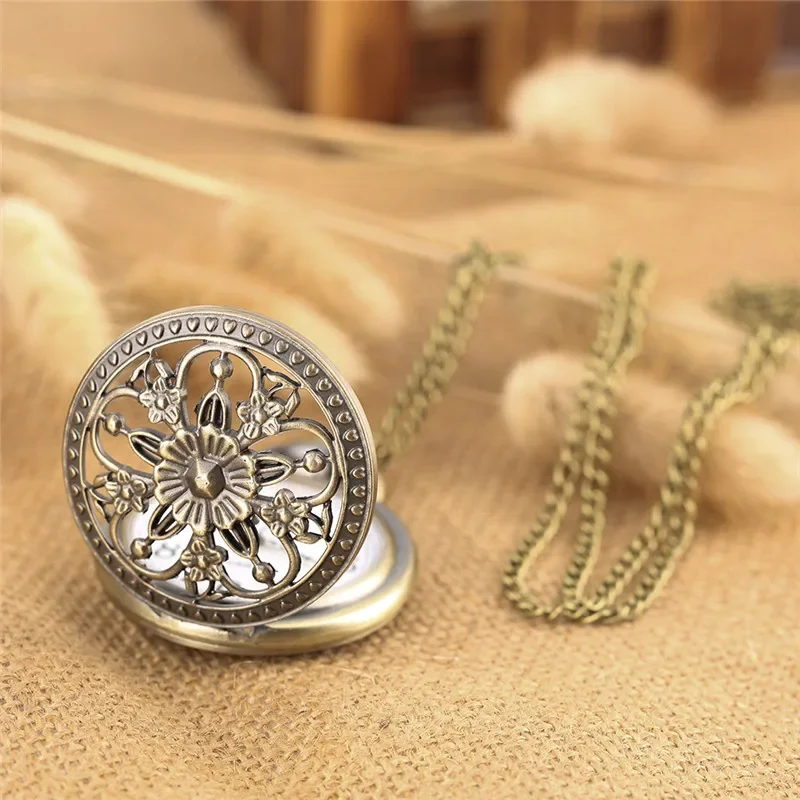 Classic Hollow-Out Flower Cover Arabic Number Quartz Pocket Watch for Men Women with Sweater Necklace Chain Timepiece