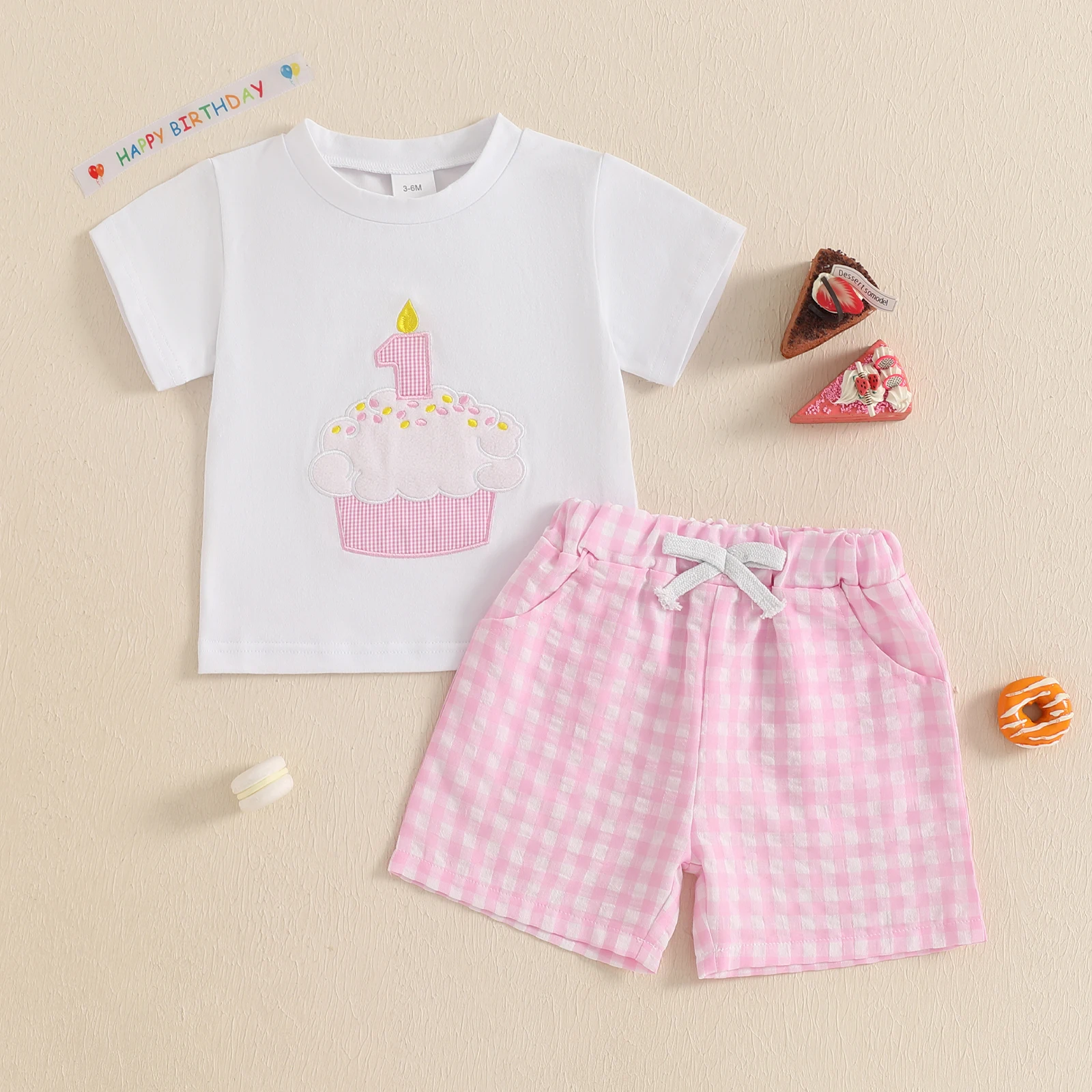 

Suefunskry Baby Shorts Set, Short Sleeve O-Neck Embroidery Cupcake Number T-shirt with Plaid Shorts One Year Old Birthday Outfit
