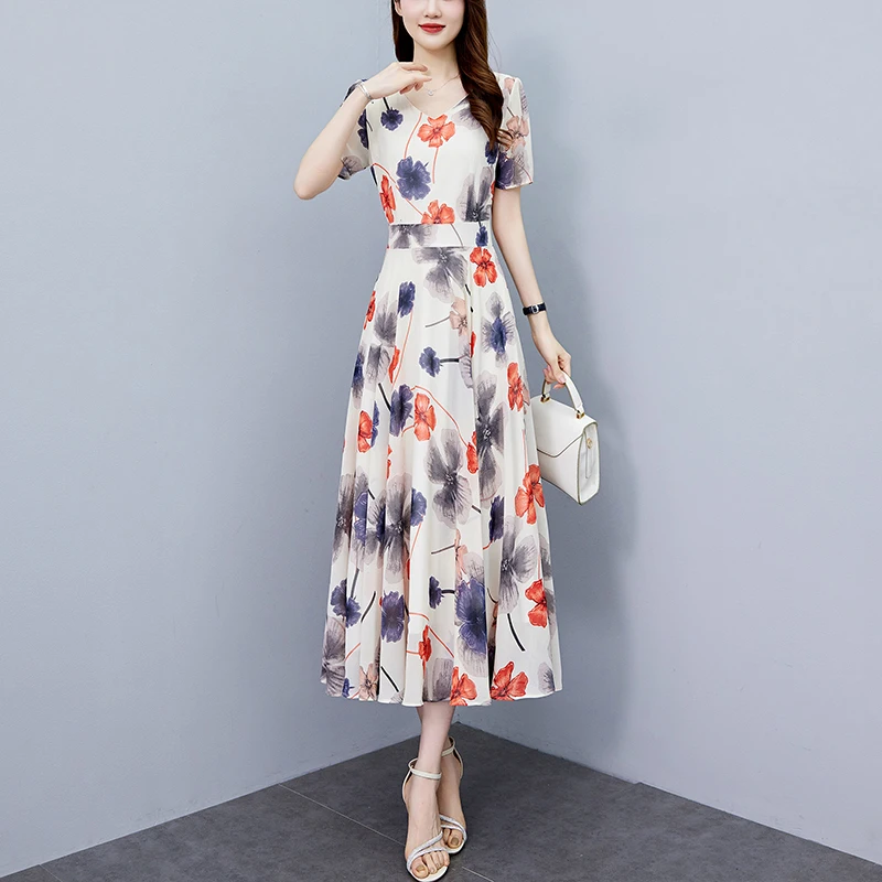 Sukienka letnia w kwiaty z szyfonu w stylu boho na plażę, damska, obcisła, vintage, luksusowa, długa sukienka na imprezę, elegancka, codzienna, szykowna, na studniówkę, midi, vestido, 2025