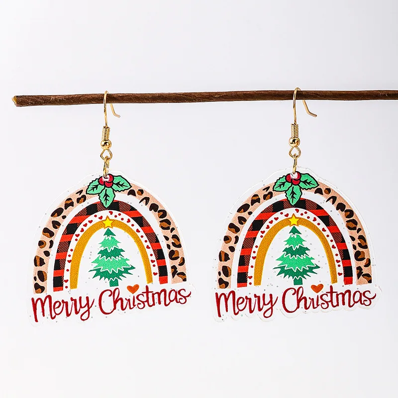 1 Pair Cute Cartoon Fun Acrylic Christmas Tree English Letters Rainbow Background Female Earrings for Christmas Wear New Year