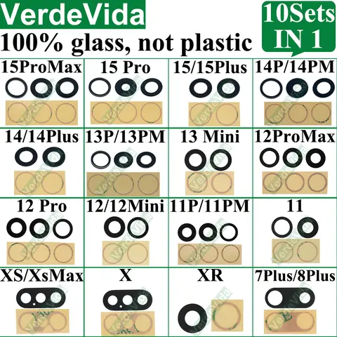 10set Obiettivo in vetro per fotocamera posteriore posteriore per iPhone 15 14 Plus 1113 Pro Max 12 Mini XS XR 8 7 Obiettivo della copertura posteriore 3M Adesivo adesivo