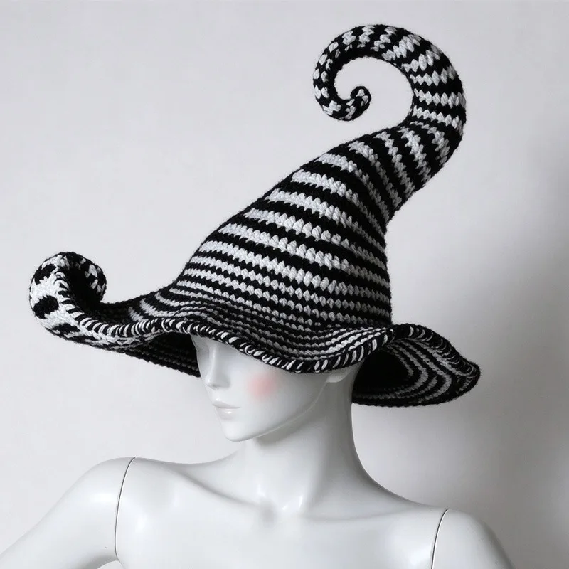 Handmade Black White Striped Pixie Witch Wizard Hat Women Custom Crochet Ruffled Brim Beanie Men Unisex Cosplay Funny Caps Boys