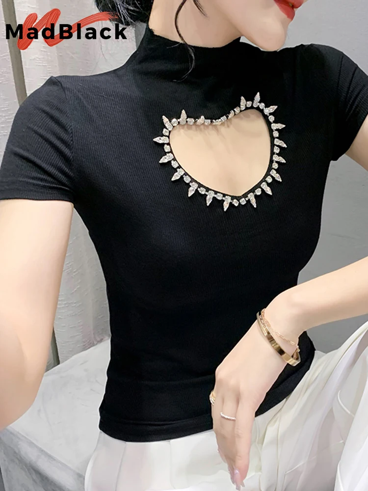 

MadBlack Summer Clothes T-Shirt Chic Sexy Turtleneck Shiny Beads Hollow Out Hand Make Women Tops Short Sleeve New Tees T27504L