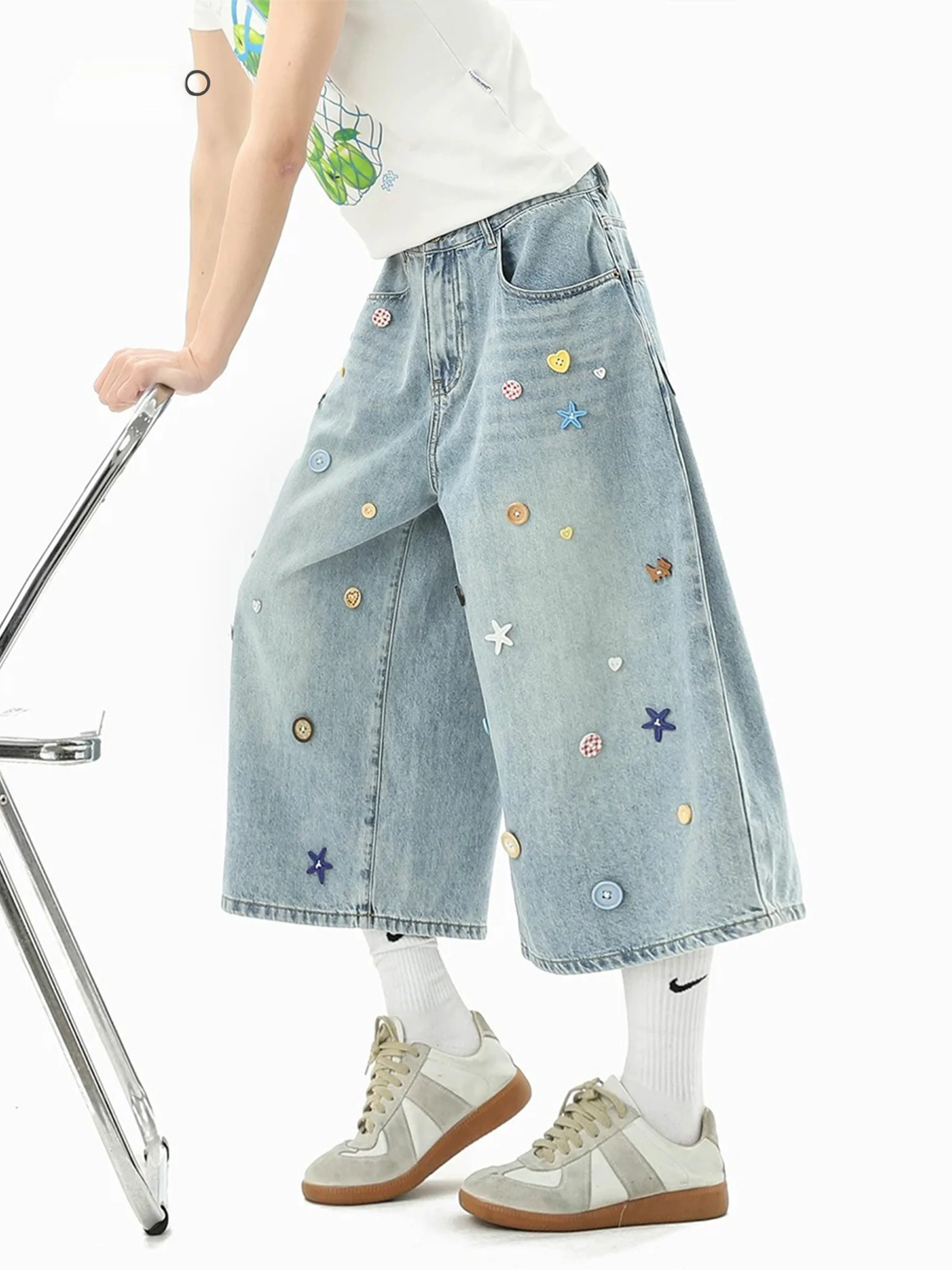 

Джинсовые брюки-кюлоты унисекс, летние, винтажные, повседневные, свободные, широкие, прямые, средней длины, в стиле Cleanfit