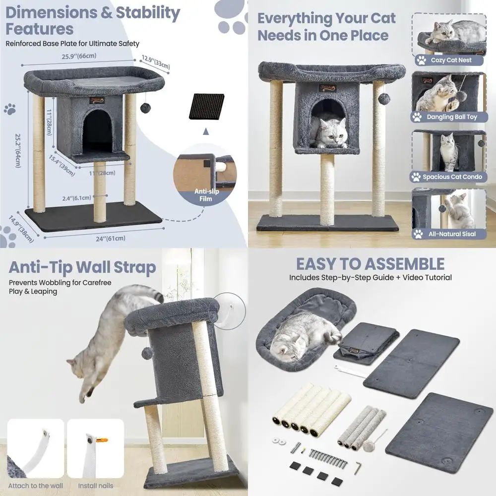 

Large Indoor Cat Tree with 28 Height, Perch, Bed, Cave, and Toys for Kittens - Modern Gray Climbing Furniture