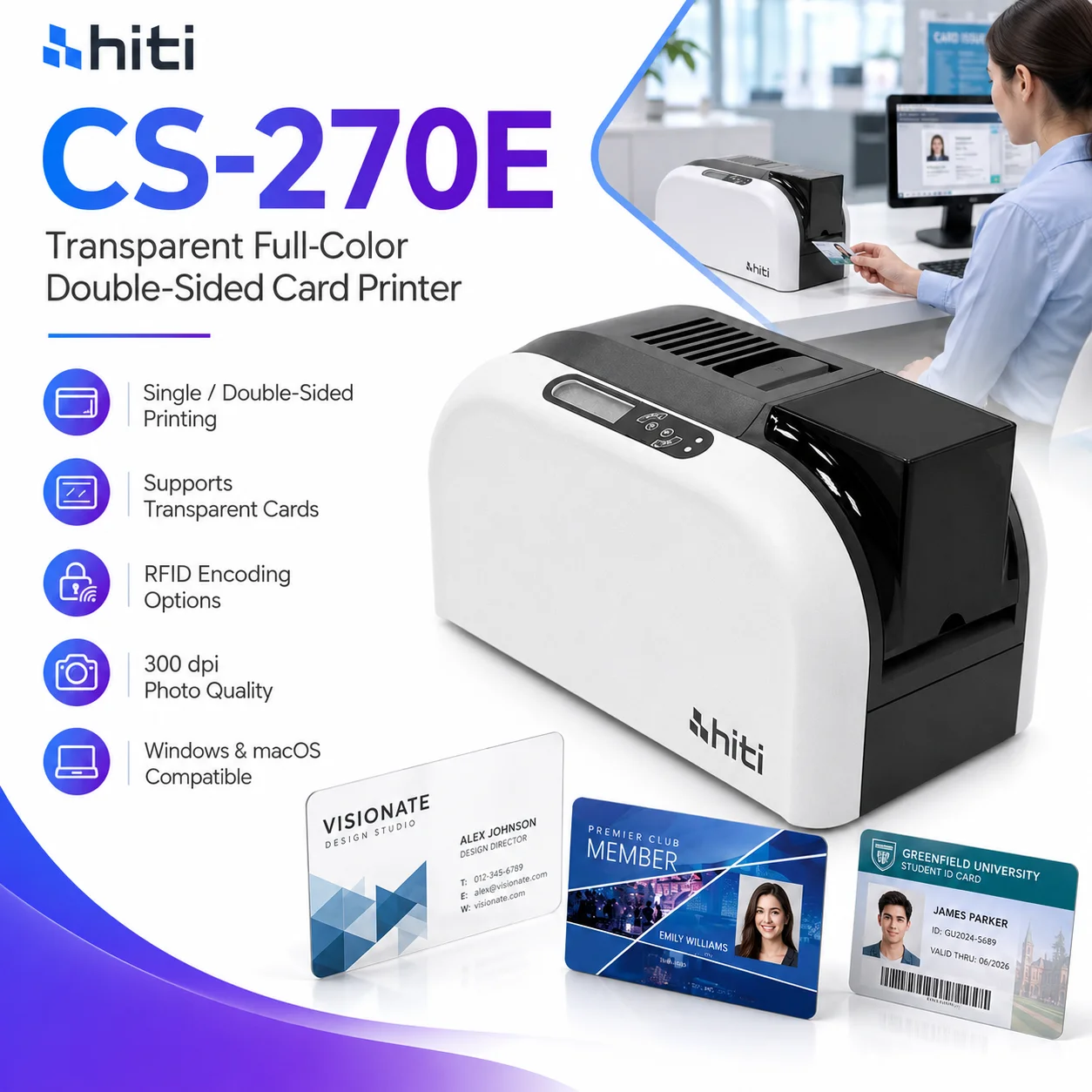 HiTi CS-270E Transparent Full Color Dual Sided ID Card Printer 300dpi PVC Card Printer With Optional RFID Encoding