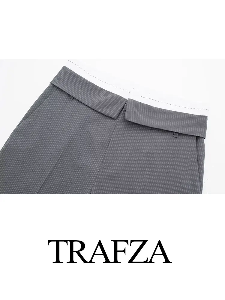 TRAFZA 2024 Summer Women 2 Piec Set V Neck Striped Slim Short Vest Top + Wild Zipper Street Female Straight Wide Leg Long Pant