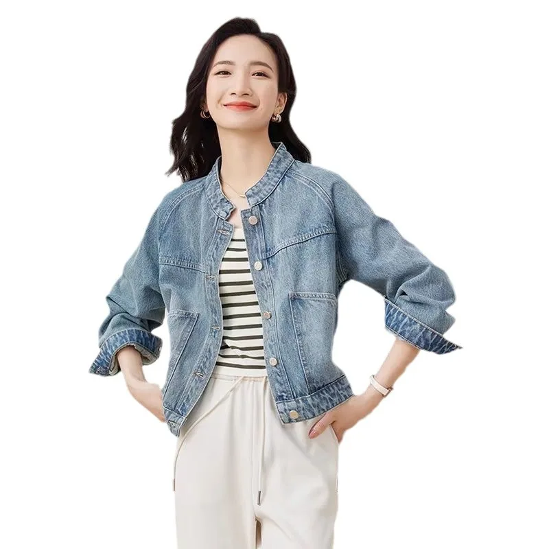 Retro Washed Denim Short Jacket for Women, Long-Sleeved Top, Stand-up Collar, Small, Autumn and Winter Clothes, New