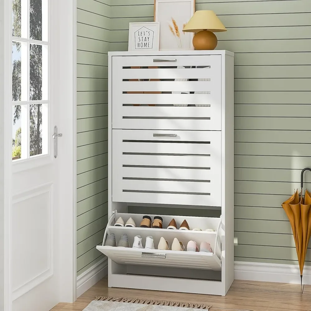 

Shoe Storage Cabinet with Flip Drawers, Slim Hidden Free Standing Organizer for Narrow Entryway Living Room, Adjustable Shelf