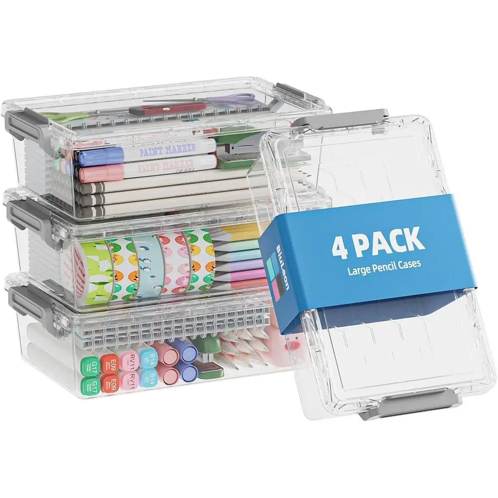 

Extra Large Clear Plastic Pencil Case Organizer, Stackable Storage for Pens, Crayons, and Art Supplies (Grey)