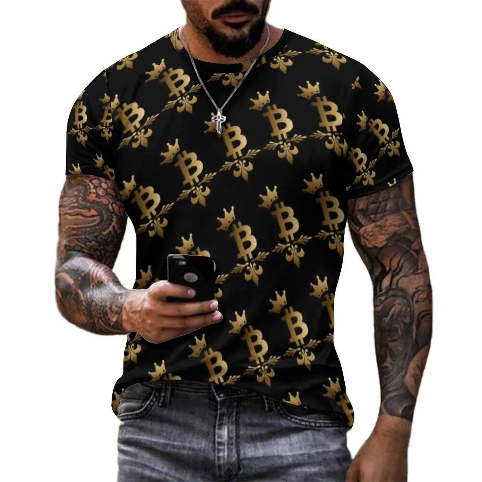 Golden Bitcoin T Shirt For Men Blockchain Crypto Print O Neck T Shirts Beach Retro Clothing Short-Sleeve Casual Big Size Tees