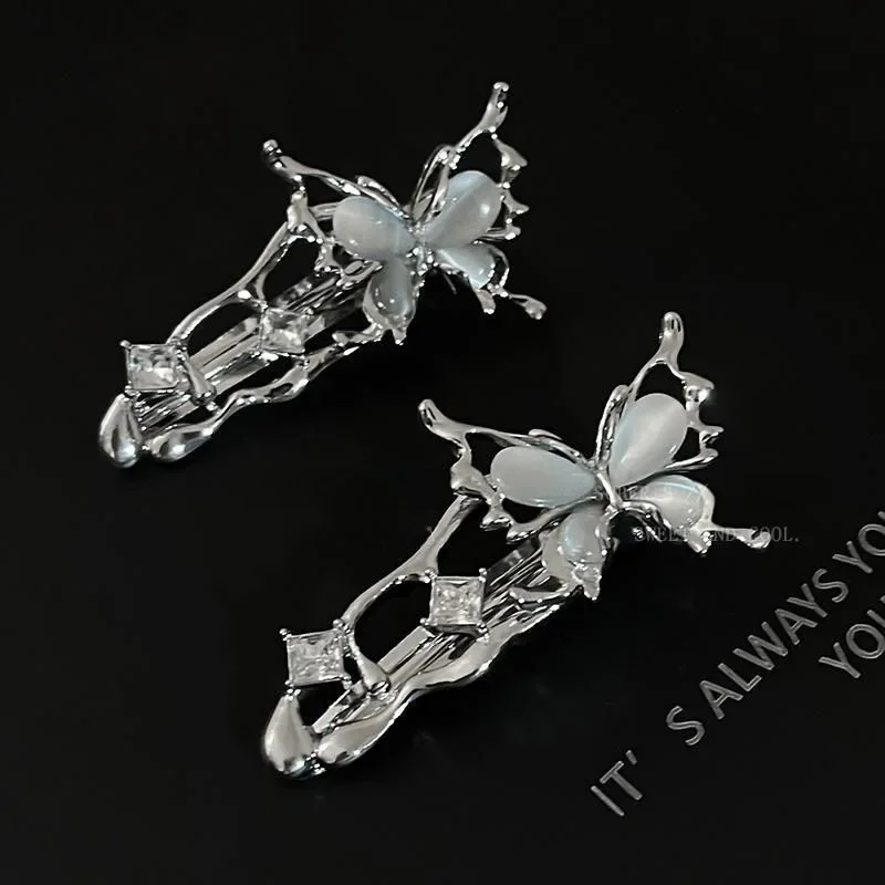 Y2K Irregular Liquid Metal Hairpin Butterfly Zircon Hair Clips Girl Fashion Silver Bang Clip For Women Hair Accessories