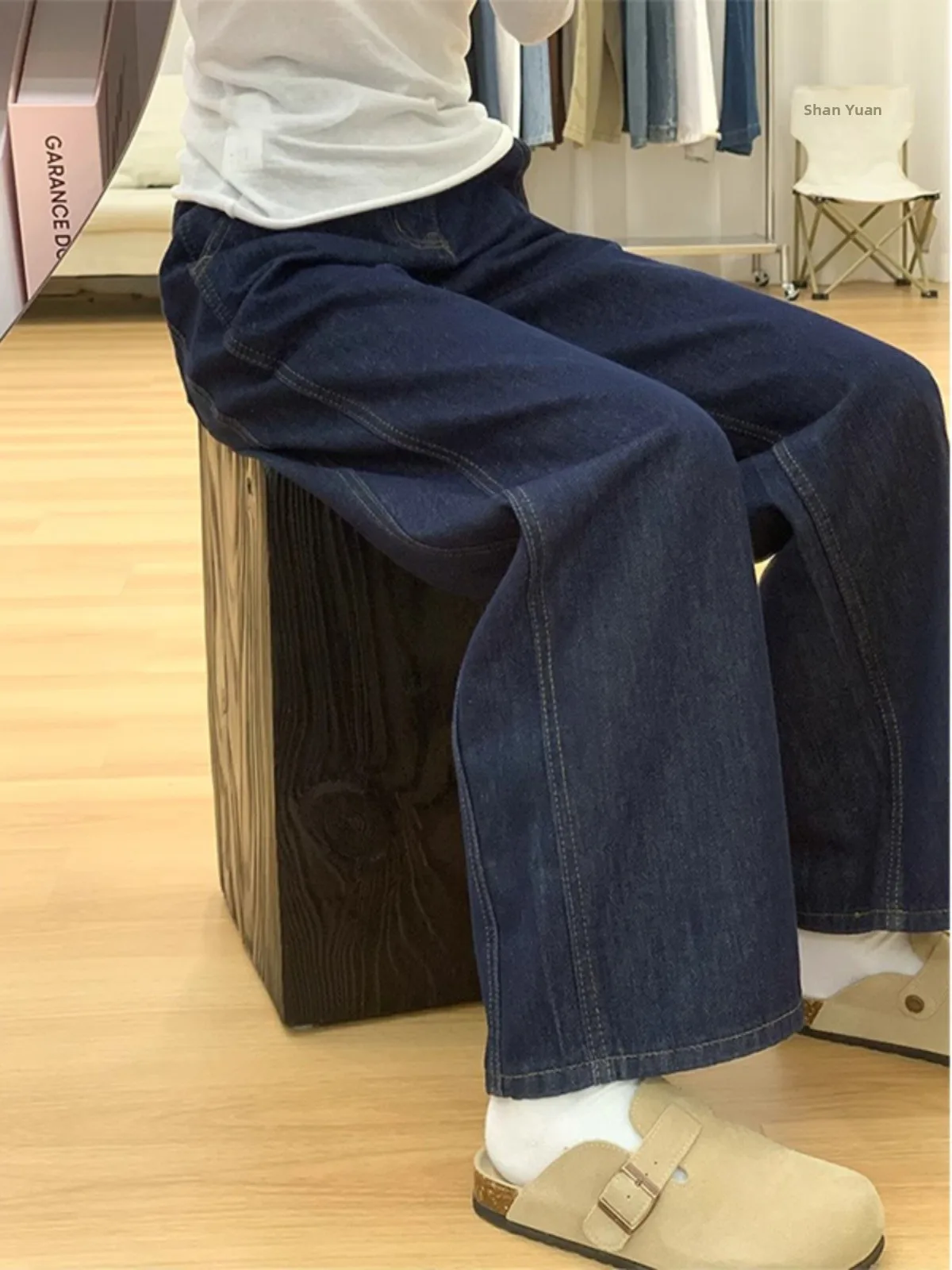 

Свободные синие джинсы с высокой талией и широкими штанинами, женские осенние новые повседневные брюки прямого кроя, винтажные универсальные джинсы свободного покроя