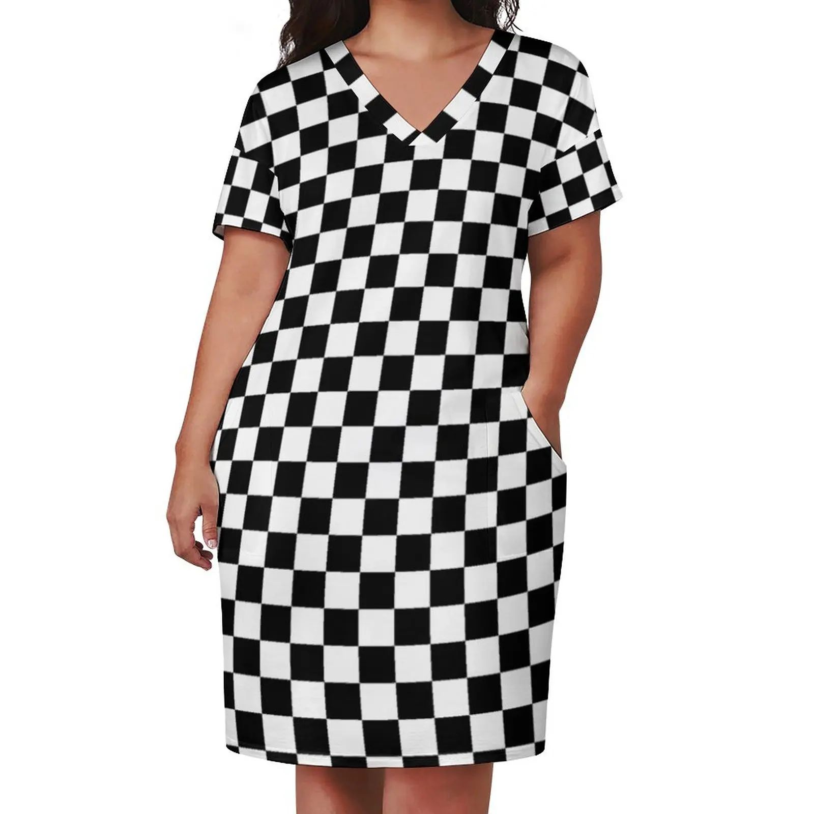 Black and White Checkerboard Loose Pocket Dress Women dresses summer elegant dress loose women