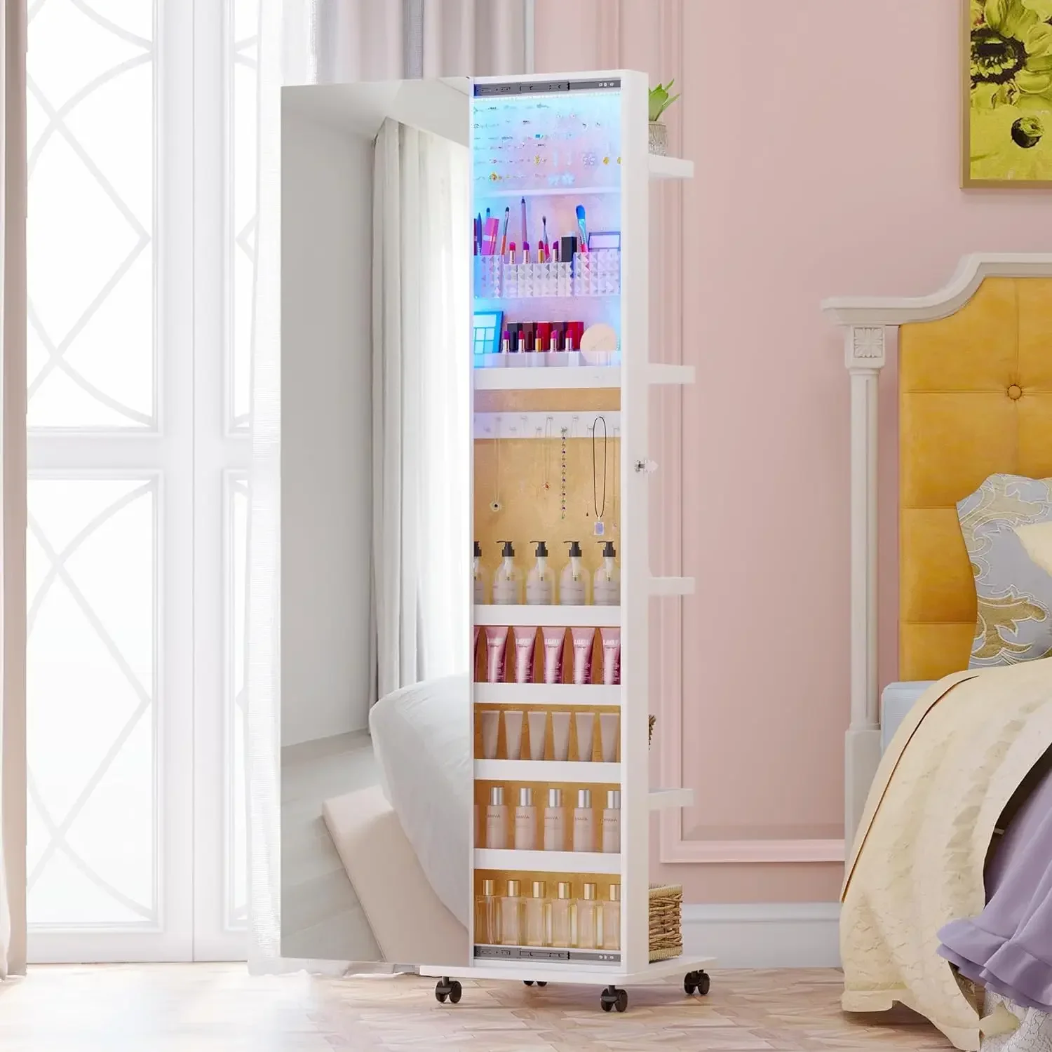 

360° ° Поворотный шкаф для ювелирных изделий с 3-цветным светодиодом, шкаф с выдвижным зеркалом в полный рост, с 5-уровневой полкой для хранения, гардеробная