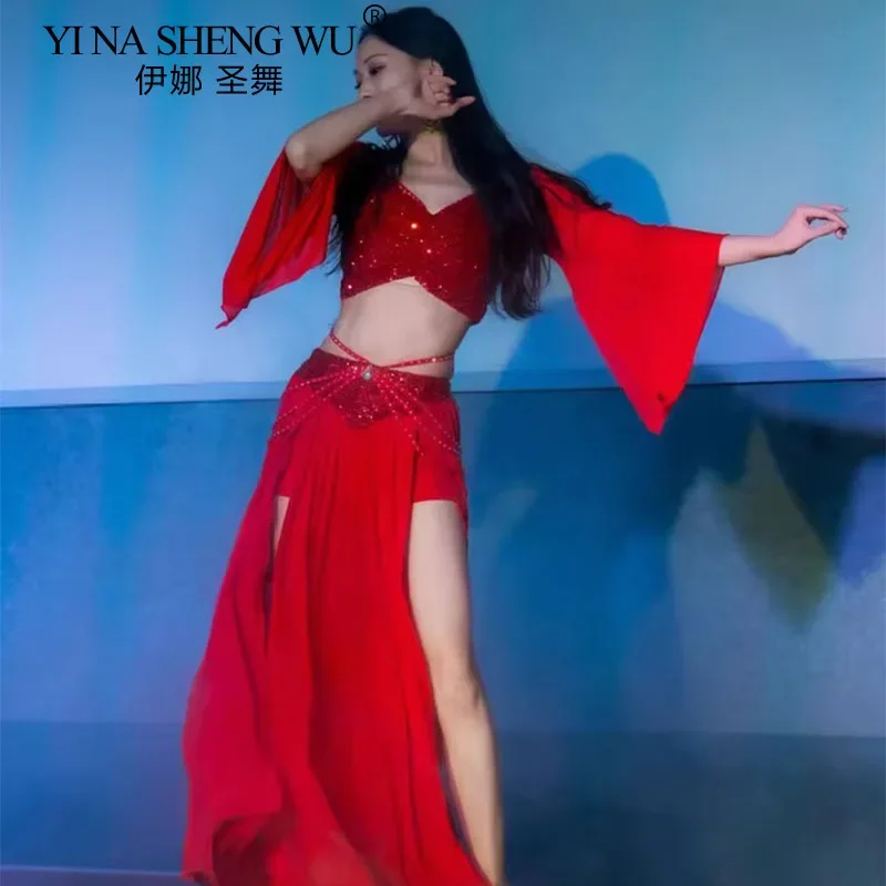 

Комплект костюма для танца живота для женщин, сетчатый топ с длинными рукавами + длинная юбка, комплект из 2 предметов, тренировочный комплект, одежда для восточного танца живота, горячая распродажа